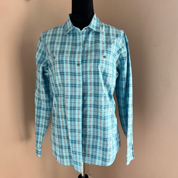 Eddie Bauer Teal and Red Plaid Long Sleeve Collar Buttoned Down Shirt Large - Picture 3 of 13